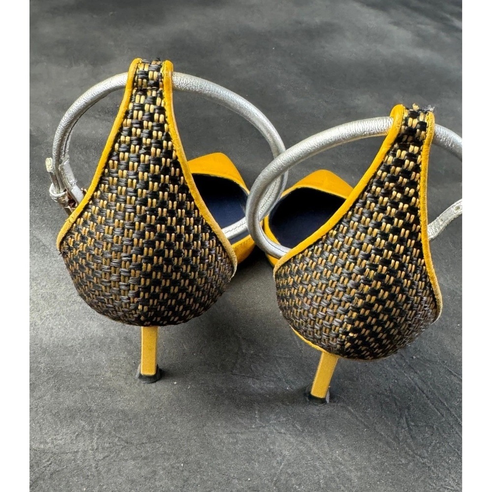 Vionnet Heels Yellow Leather Woven Raffia Pointed Toe Silver Pumps 37 US 6.5 - Picture 9 of 11